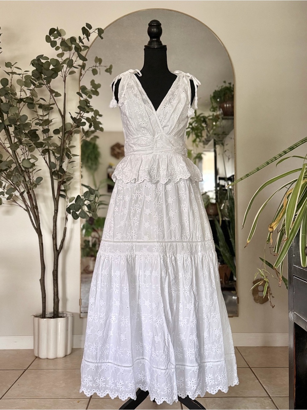 TAYLOR Eyelet Cotton Peplum Maxi Dress White Cottagecore Prairie Sundress Size 4